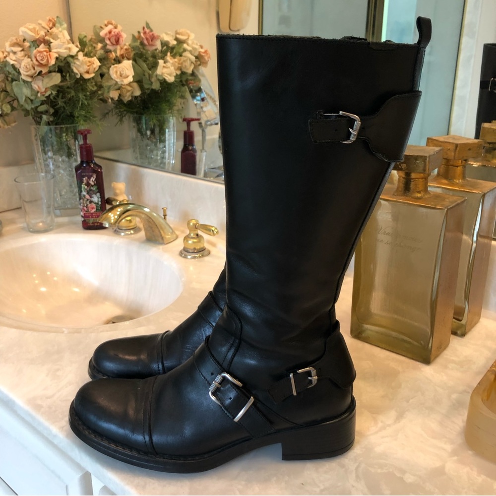 Elle Motorcycle Chunky Black Leather Boots with Silver Detail. So on trend! Sz39 - Picture 2 of 14